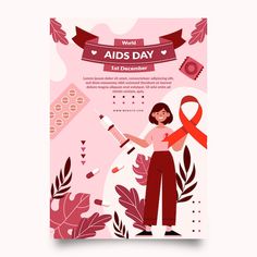 a poster with an image of a woman holding a red ribbon and a syring