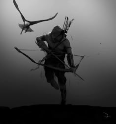 an image of a man with bow and arrow in the air next to two birds