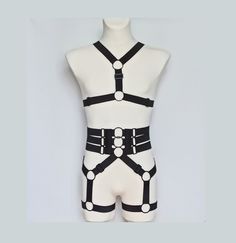 Black Beauty Men Black Elastic harness set, ONE SIZE, adjustable strap harness, Stretch Harness, Cosplay, roleplay, nightclub, lingerie by DebutLingerie on Etsy Full Body Harness Art, Mens Body Harness, Home Made Binder Ftm, Men In Lingeniere Aesthetic, Fitted Gothic Harness For Cosplay, Punk Style Harness With Adjustable Straps For Party, Punk Style Party Harness With Adjustable Straps, Fitted Punk Harness For Alternative Fashion, Gothic Strapped Harness For Cosplay