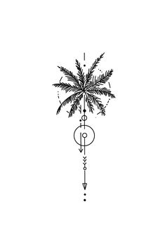 a black and white drawing of a palm tree with arrows on it's side