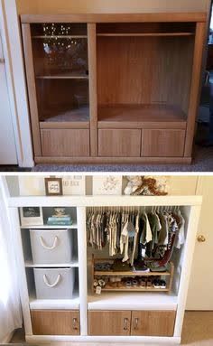 two pictures side by side showing the inside and outside of a closet