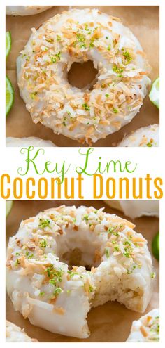 two pictures of donuts with coconut and lime on them