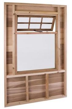 a wooden shelf with a mirror on top of it and some shelves below the window