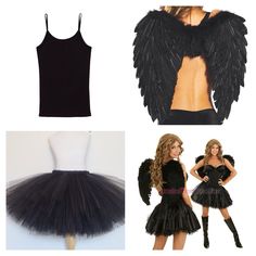 three different pictures of women in black and white outfits, one with an angel wings on it