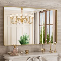 a mirror that is on top of a mantle