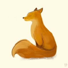 a drawing of a fox sitting on the ground with its head turned to the side