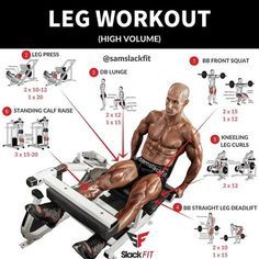 a man sitting on top of a bench with the words leg workout high volume above it