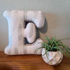 a decorative pillow with the letter e on it next to a potted air plant