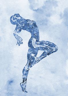 a drawing of a woman running in the air with her legs spread out and hands on her hips