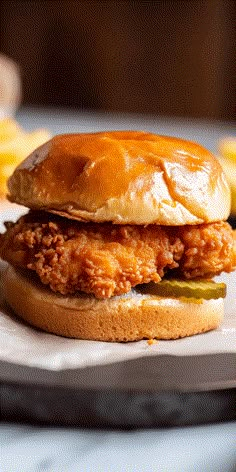 a fried chicken sandwich on a bun with pickles