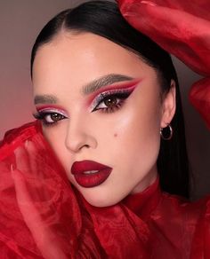 Red Rave Makeup Ideas, Red And Silver Eyeshadow Looks, Silver Eye Red Lip, Red Soft Glam Makeup, Red Silver Makeup, Candy Cane Eye Makeup, Red Cut Crease Eyeshadow, Red Birthday Makeup, Bold Red Makeup