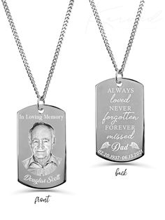 This sympathy necklace is to honor the memory of your loved one. Nothing can ever lessen the pain of losing the ones you love, so we hope this remembrance necklace gives you some comfort. Send us any photo and we will create a beautiful keepsake for you to cherish. The pendant is engraved with a photo of your choice on one side and a design or custom words on the back. Please don't hesitate to message us if you have any questions or ideas! ❤WE SHIP WITHIN 48 HOURS! ❤TO ORDER follow these 3 simpl Always Loved Never Forgotten, Remembrance Necklaces, Fingerprint Necklace, Figaro Necklace, Handwriting Necklace, Personalized Leather Bracelet, Personalized Dog Tags, In Memory Of Dad, Fingerprint Jewelry