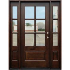 the front door is brown and has two sidelights