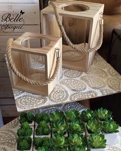 three wooden boxes with plants in them sitting on a table next to other small planters