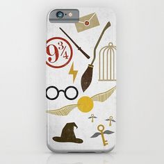 an iphone case with harry potter symbols and accessories on the front, in white background