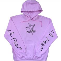 This Is The Lil Peep Hoodie With Cry Baby Twitter Bird Design On The Front And Lil Peep Design On The Sleeves On A Pink Hoodie With Black Designs. Lil Peep Merch, Peep Wallpaper, Twitter Bird, Lil Peep Hoodie, Unrealistic Wishlist, Anime Bad, Lacrosse Hoodie, Lil Peep Hellboy, Black Designs