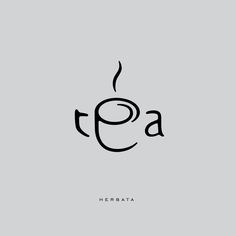 the word tea written in black ink on a gray background with an image of a coffee cup