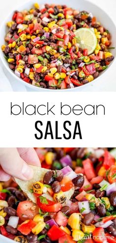 black bean salsa in a white bowl with tortilla chips