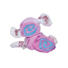 two lollipops wrapped in pink and blue paper on a white background,