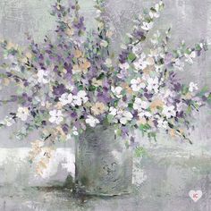 a painting of purple and white flowers in a gray vase on a grey tablecloth