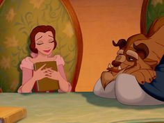 the princess and the frog are talking to each other in front of an open book