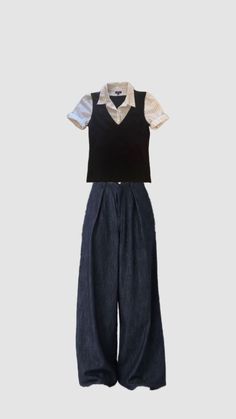 a black top and blue pants with white collar