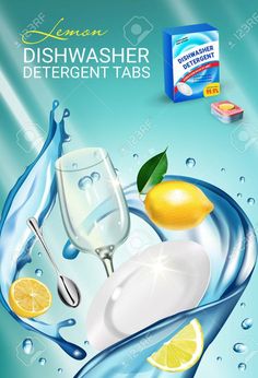 an advertisement for lemon dishwasher deterent tabs with water and lemon slices