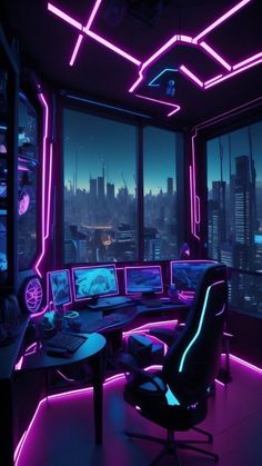 a room with multiple computer screens and neon lights on the ceiling, along with a chair