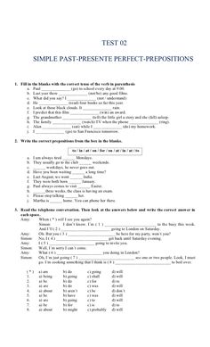 the test sheet for simple past - present perfect - prepositions is shown in black and white