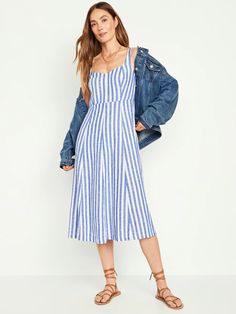 Fit & Flare Linen-Blend Midi Dress for Women | Old Navy Linen Sundress, Linen Midi Dress, Blue Striped Dress, Navy Midi Dress, Super Cute Dresses, Cute Summer Dresses, White Striped Dress, Blue Midi Dress, Navy Dresses