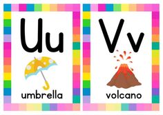 the letter u and v are in front of an image of volcanos with umbrellas