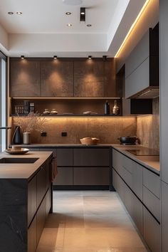 a modern kitchen with dark wood cabinets and counter tops, along with an island in the middle