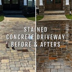 two photos side by side with the words stained concrete driveway before and afters written on them