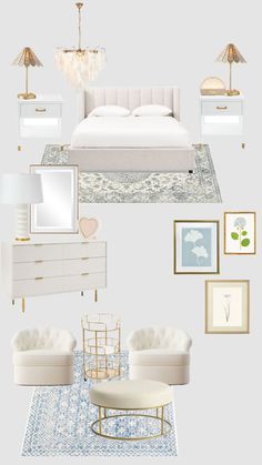 a bedroom with white furniture and pictures on the wall