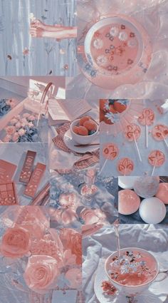 a collage of pink and white items on a table with flowers, candles, plates