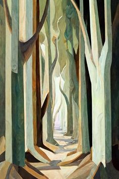 an oil painting of trees in the woods