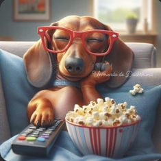 a dachshund dog wearing glasses is sitting on a couch with a bowl of popcorn and remote control