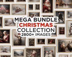 the mega bundle christmas collection is displayed in front of a wall with pictures and santa claus