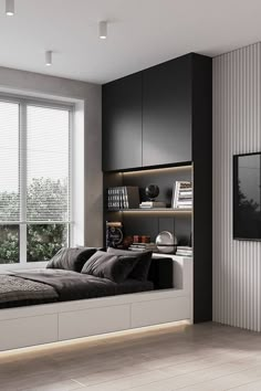 a modern bedroom with black and white decor, built - in shelving units and floor to ceiling windows