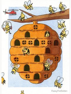 a beehive with many bees flying around it