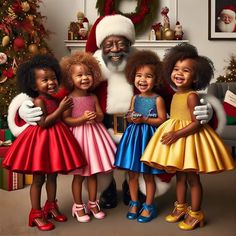 a group of children standing next to each other in front of a santa claus clause