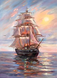 a painting of a sailboat sailing in the ocean at sunset with birds flying around