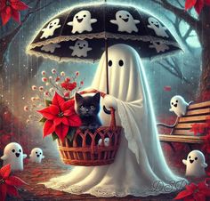 a painting of a black cat sitting in a basket under an umbrella with ghost figures surrounding it