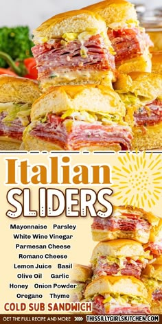 the italian sliders are stacked on top of each other