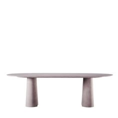 an oval table with two legs and a white background