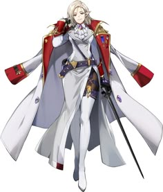 an anime character dressed in white and red with long hair, holding two swordes