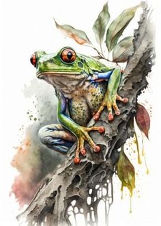 a watercolor painting of a frog sitting on a tree branch with leaves and berries