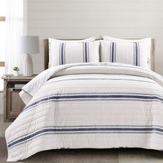 3-pc set includes: 1 Quilt, 2 Pillow Shams. Reversible. 100% Cotton. Lush Decor Navy Stripe Reversible King Quilt Cotton with (Fill) in Blue | 16T007660 Farmhouse Shiplap, Cotton Quilt Set, Striped Quilt, Lush Decor, Bedroom Guest, Cotton Bedding Sets, Traditional Farmhouse, Primary Bedroom, Meme Design