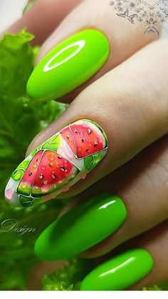 Fruits Nail Art, Nails Watermelon, Nail Inspo Nail Art, Watermelon Nail, Watermelon Nail Art, Fruit Nails, Fun Manicure