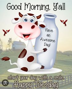 a cow is holding a bottle with the words good morning y'all